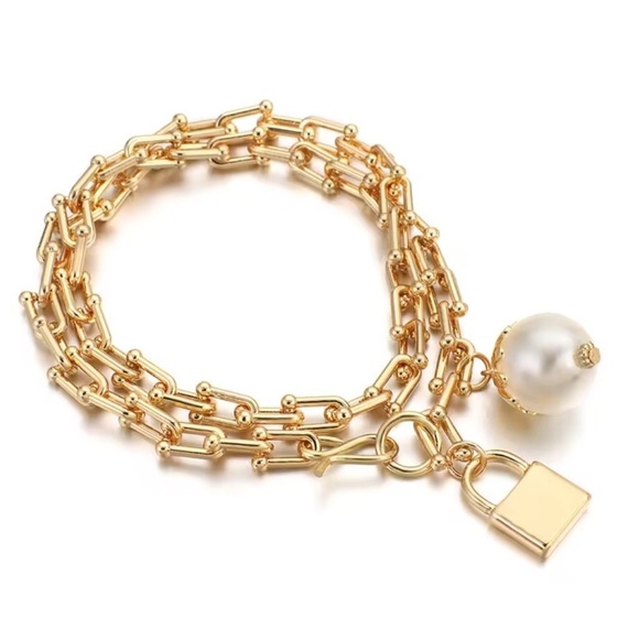 Graduated Link Elegant Gold Chain Lock Pearl Charm - Picture 4 of 11